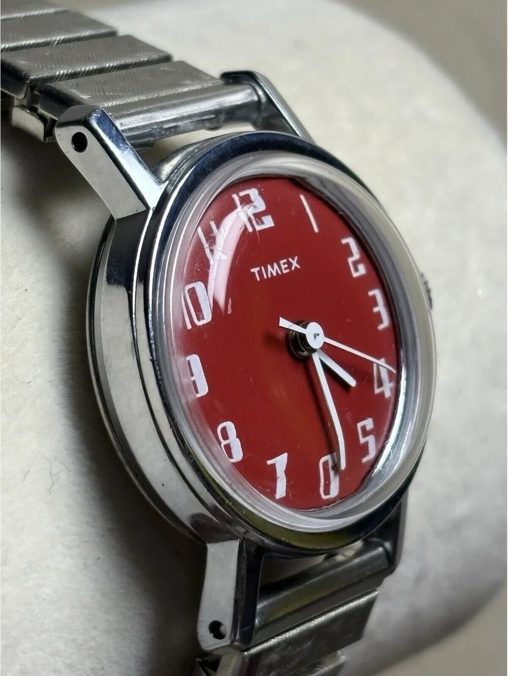 Timex Vintage Women's Mechanical Analog Watch Red Dial Silver Bracelet